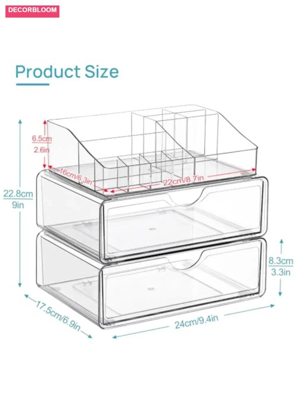 3 Tier Clear Makeup Organizer with 2 Drawers, Cosmetic Storage for Dresser